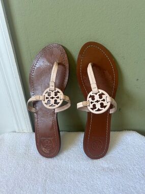 Tory Burch Mini Miller Brown Footbed Beige Logo Thong Sandals